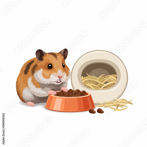 Hamster eating food from bowl next to hay in dish. Cute hamster with brown and white fur enjoys meal of nutritious pellets. Hamster is perfect pet for families and children.