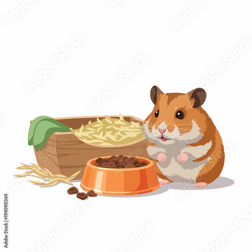 Cute hamster with wooden bed and food bowl filled with pellets. Hamster enjoys its environment with fresh bedding and a cozy space for eating. Concept pet care and small animal habitats.