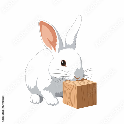 Cute rabbit with wooden block in mouth, adorable white rabbit chewing on small block of wood. Playful rabbit behavior captures interest in pet and animal themes. Concept cute animal illustrations.