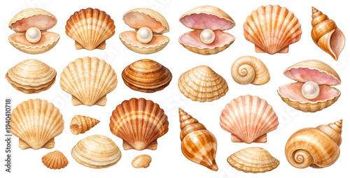 A charming watercolor collection of seashells with open clams, scallop shells, and pearls for coastal marine illustrations and beach design.