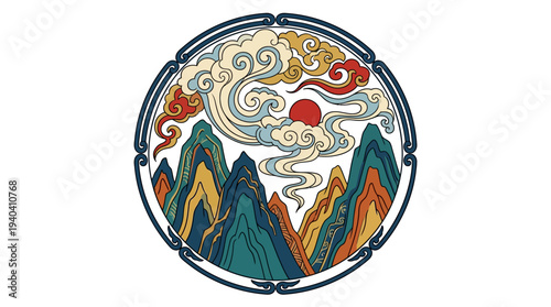 Vibrant circular illustration of mountain landscape with clouds and sun, showcasing nature's beauty