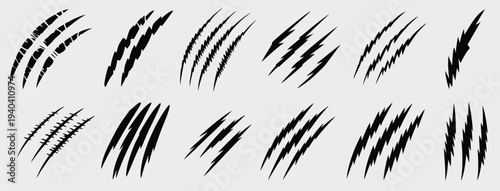 Animal, claw scratch marks collection with cat and tiger paw tearing lines, aggressive wild beast scratch effect, grunge slash texture design, editable vector illustration isolated 