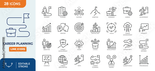 Career planning icon set. containing career, planning, goal, journey, strategy, vision, target, ambition, success, and more. Editable stroke. Vector illustration