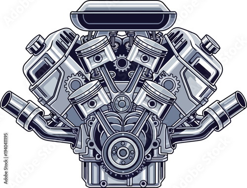 Detailed Chrome V8 Engine Illustration with Exposed Pistons and Exhaust Pipes.
