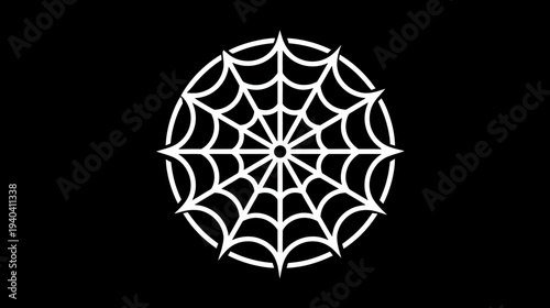 A white spiderweb design inside a circle on a black background. Ideal for a Halloween theme