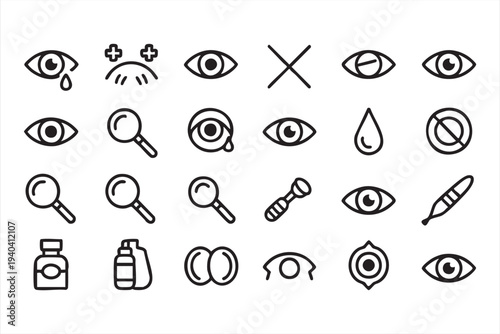Minimal eye health outline icons set for optical clinic, app interface, and healthcare graphics