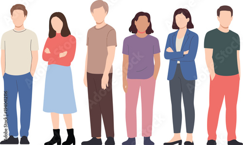 Vector illustration of six diverse individuals standing together in casual and semi‑formal attire representing fashion, colleagues, teamwork, community, and diversity.