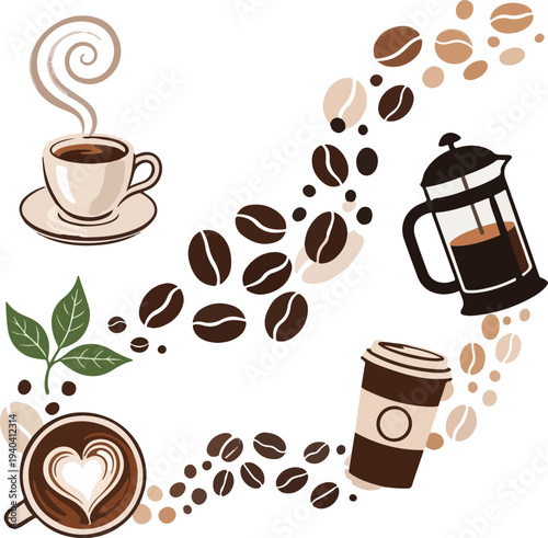 Coffee Brewing Concept with Roasted Beans, French Press, Latte Art and Takeaway Cup Vector Illustration