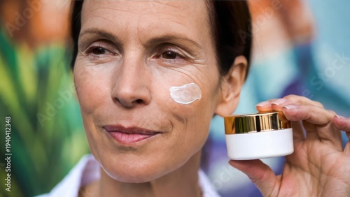 Woman is holding a jar of cream and applying it to her face. She has a smile on her face, indicating that she is happy or content with her appearance