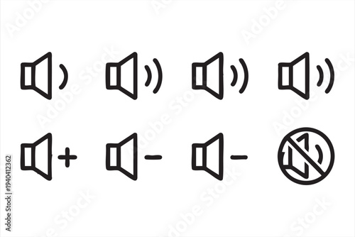 Black and white audio control symbols set for app settings and media dashboards