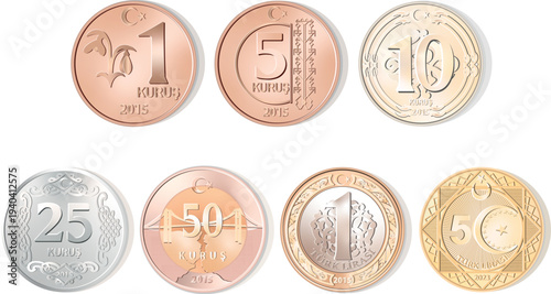 Turkish Lira Coins Set Vector Illustration