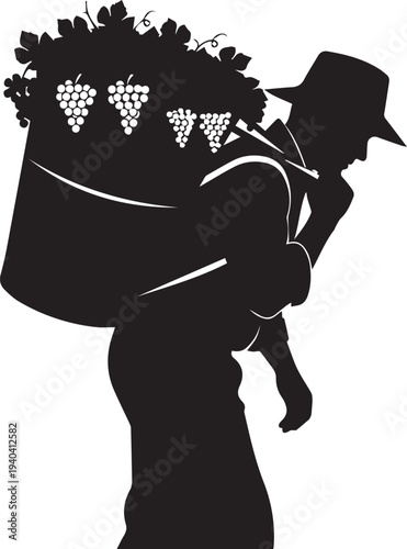 Grape harvester silhouette carrying basket of fruit on back vector illustration line art
