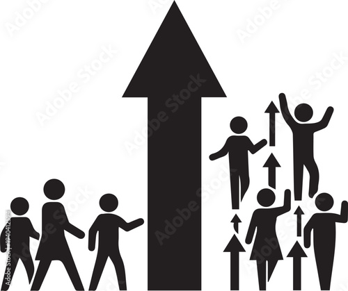 Growth concept silhouette with people moving up large arrow vector illustration design art