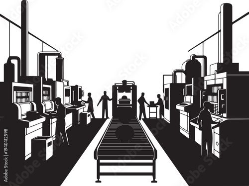 Industrial factory production line silhouette illustration with machinery and worker team