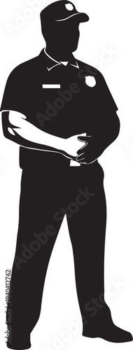 Security guard officer standing with crossed arms vector silhouette illustration line art