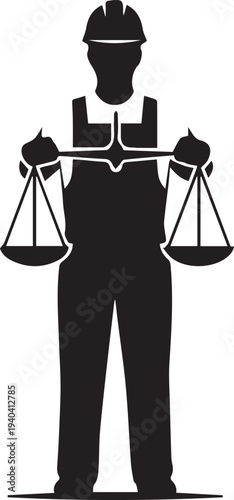 Worker with scales vector illustration, hard hat and overalls silhouette