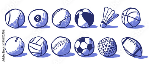 Purple and white hand-drawn illustration set of various sports balls arranged in two rows on a white background. perfect for sports themes, education, posters, and kids design projects