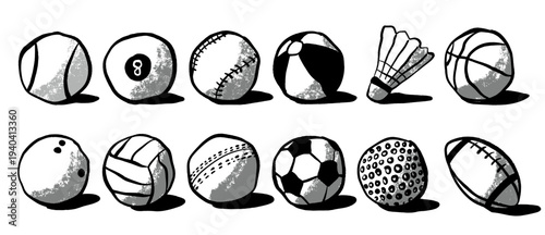 Black and white hand-drawn illustration set of various sports balls arranged in two rows on a white background. perfect for sports themes, education, posters, and kids design projects