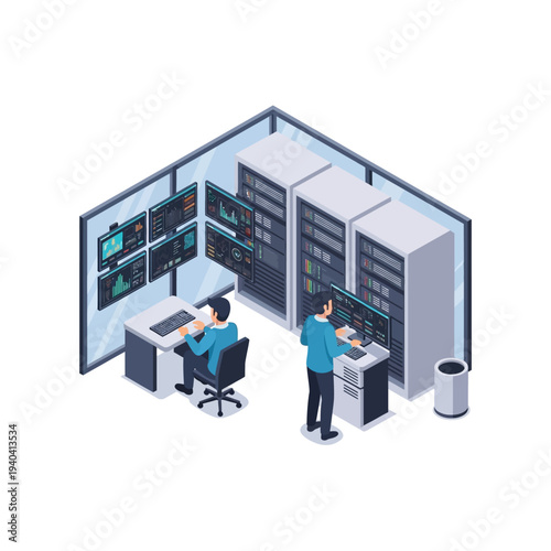 IT professionals working in a server room with multiple monitors and data racks.