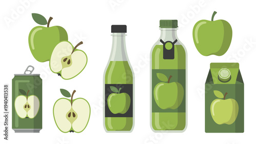 Apple Products, vector illustrations featuring whole green apples, juice in glass bottles, metal cans, and cardboard cartons for packaging design