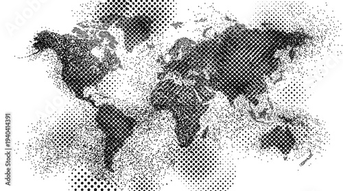 Artistic black and white world map with halftone dots, showcasing global geography