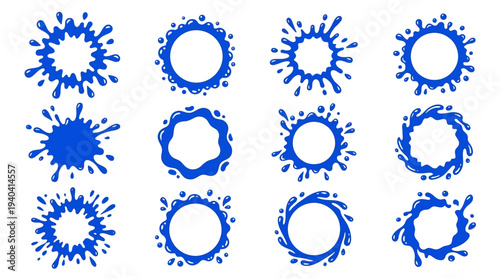 Collection of blue splash shapes on a white background, ideal for graphic design and branding
