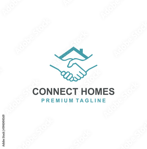 Professional modern logo featuring a handshake forming a house roof.