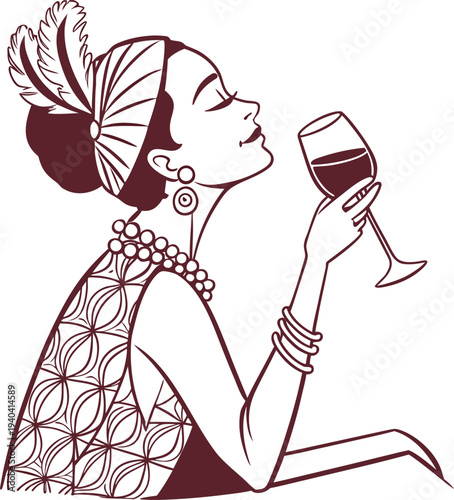 Vector illustration of woman drinking wine, red, elegant, decorative