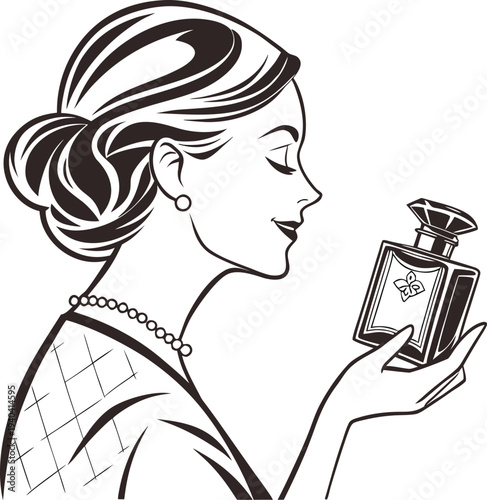Vector illustration of woman smelling perfume bottle