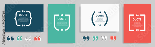 Quote speech box design templates set. Quatation text in bubble brackets frame. Citation empty graphic vector shape for social media inspiration posts. Motivation quote bubbles. Isolated textbox