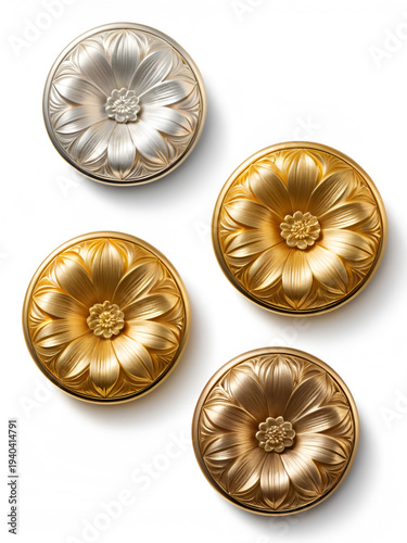 Four floral carved buttons in a row, one is gold colored, isolated. cut out transparent