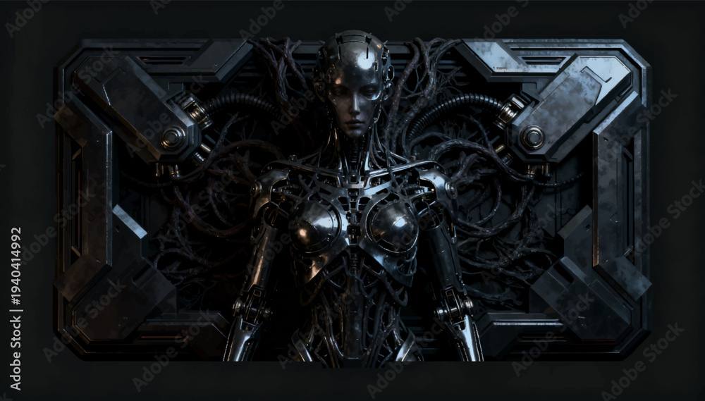 Fototapeta premium Gothic cyborg biomechanical dark chrome game interface panel 3D vector illustration.