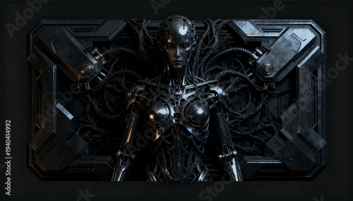 Gothic cyborg biomechanical dark chrome game interface panel 3D vector illustration.