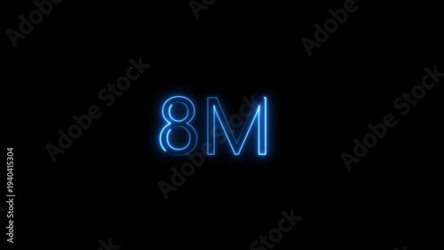 Blue Neon Glowing 8M Text Animation on Black Background, Minimalist Futuristic Electric Signage for Science Tech and Innovation Projects, High Contrast Digital Alpha Loop Overlay