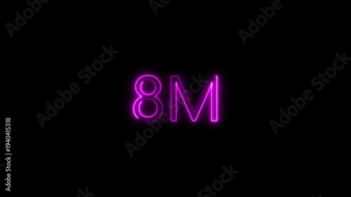 Pink and Purple Neon Glowing 8M Text Animation on Black Background, Minimalist Futuristic Electric Signage for Science Tech and Innovation Projects, High Contrast Digital Alpha Loop Overlay