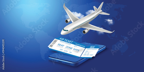 3D travel planning concept with airplane flying over smartphone with map and location pins. Online flight booking, vacation markers, passport, suitcase, and air tickets on blue world map background.