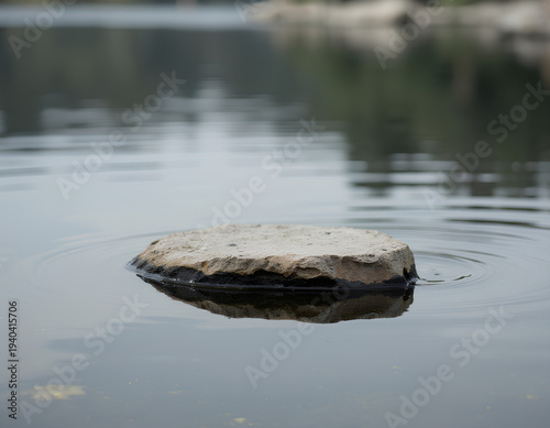 Single stone floats serenely on calm water surface. Ripples form gently around its rounded edges. Reflective surface mirrors the stone's shape precisely for product display