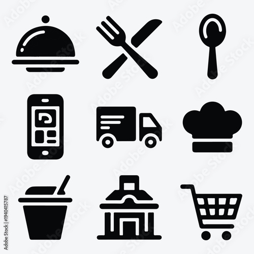 Catering restaurant service, cutlery and food delivery icons set. Food, plate, fork, knife, spoon, mobile app thin line vector illustration