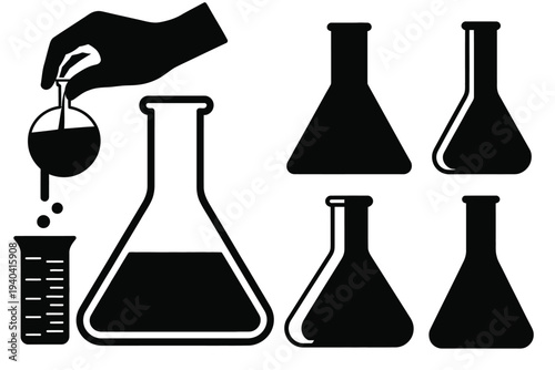 Black, silhouettes of laboratory glassware and equipment on white background, science research and chemistry lab tools, beakers flasks test tubes concept, editable vector illustration.