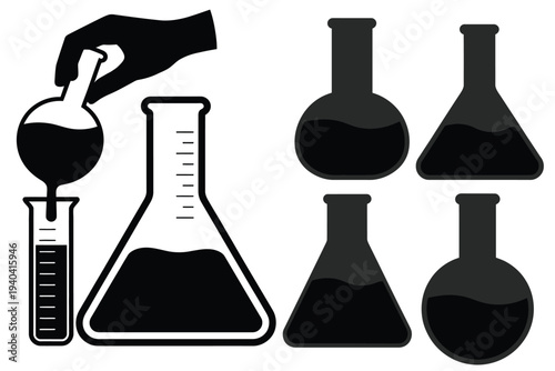 Black, laboratory glassware and equipment silhouette set, chemistry and scientific experiment icons, lab instruments collection, clean vector illustration isolated on background.