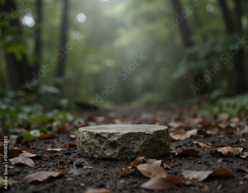 Forest path leads through misty, leaf-strewn woods. Single stone rests near ground, softly weathered. Sunlight filters through tall, green trees for product display