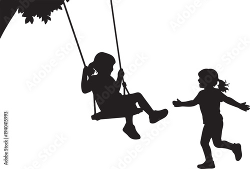 Black silhouette of five happy children sitting and swinging on a playground swing set together for outdoor recreation and childhood summer fun concepts (24 words)