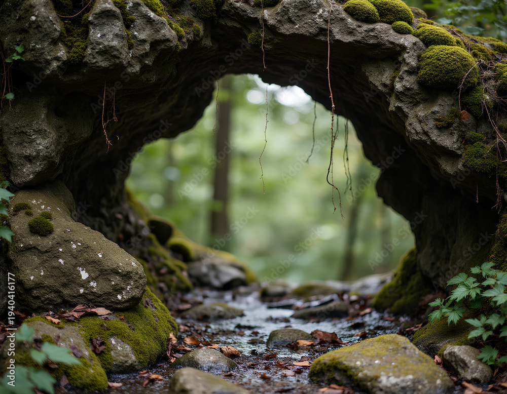 Obraz premium Mossy stone arch frames a quiet forest stream. Water flows gently over moss-covered rocks. Green foliage surrounds the natural stone opening for product display