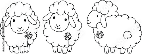 cute sheep cartoon set, fluffy lamb character illustration, farm animal kids drawing style, adorable wool sheep design