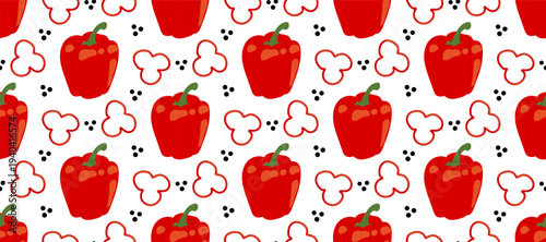Red Bell Pepper Seamless Pattern with Slices and Black Peppercorns. Vector illustration