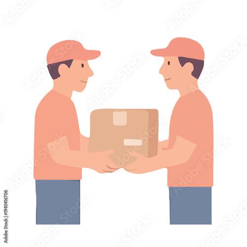 Two Couriers Exchanging Package – Friendly Handoff Scene for Delivery & Logistics Branding