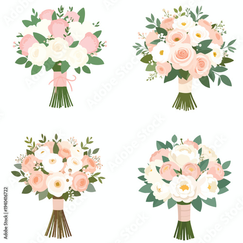 Four elegant wedding bouquets with pink and white flowers and green leaves, illustrated from a straightforward viewpoint.