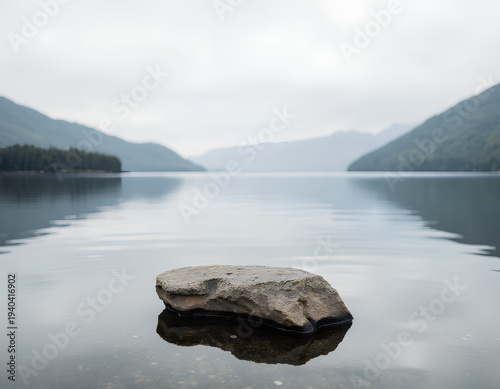 Single rock rests in calm lake water. Mountains loom softly behind still surface. Sky is overcast, casting muted tones. Reflection mirrors the stone perfectly for product display