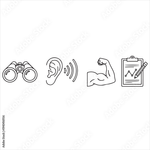 Set of 4 line icons vector: binoculars, ear, flexed arm, clipboard with graph