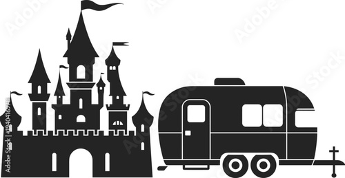 fairy tale castle and travel trailer silhouette, fantasy kingdom with caravan camper icon, adventure travel and storybook illustration